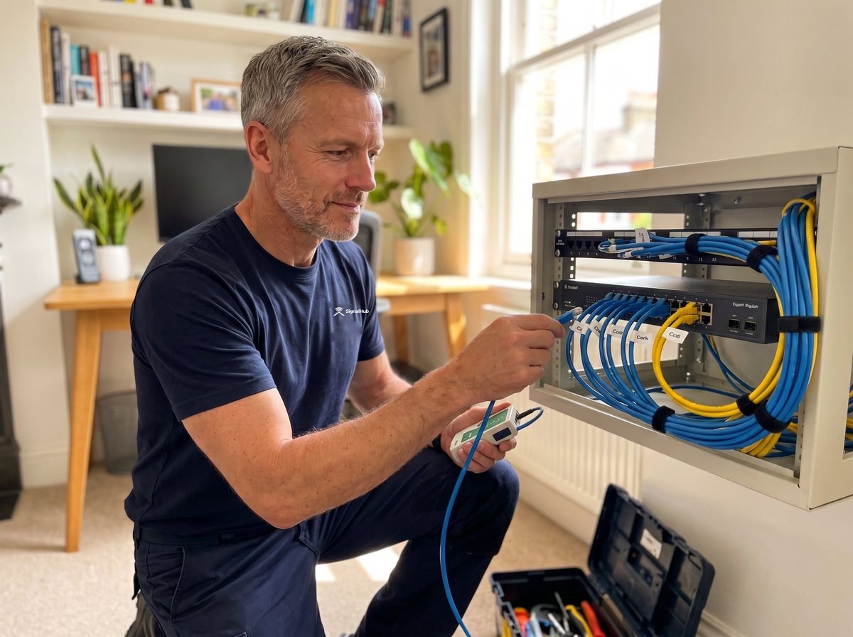 A SignalHub engineer testing Cat 6 network cables in a neatly labelled network cabinet in a home office